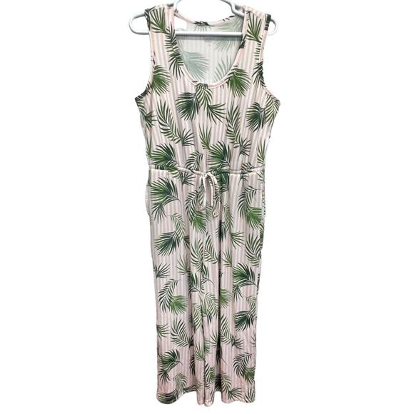 Lands’ End Wide Leg Jumpsuit Pink Green 1X Palm Leaf Print Sleeveless Tropical - Picture 1 of 12